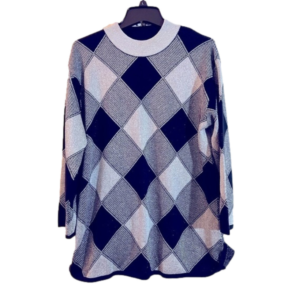 𝅺ANNE Klein Metallic Black and Silver Diamond Sweater size Medium